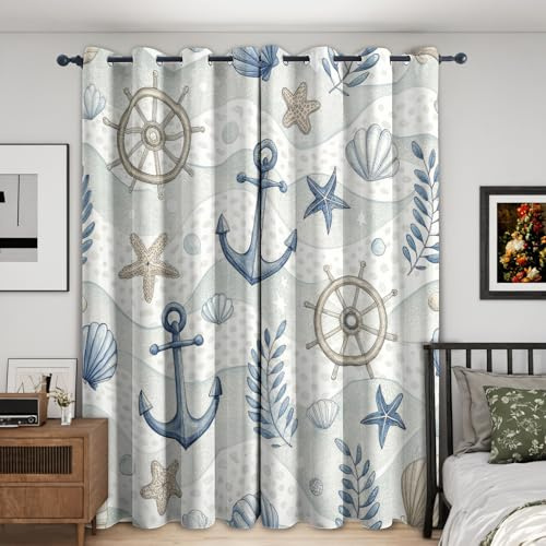 Generisch Maritim Gardinen Blickdicht 2er Set, Vorhänge Ankers Ruder Seestern Ozean Nautisch Motiv mit Ösen, Wohnzimmer Schlafzimmer Deko, Thermovorhang Verdunkelung, H 245 x B 140 - Q635