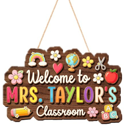 Cartello da Porta Personalizzato Insegnante, Targa in Legno 3D con Nome Personalizzabile, Decorazione Aula Benvenuto, Regalo di Ringraziamento Maestra per Inizio Anno Scolastico (Stile 1)