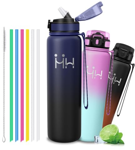Grsta Thermos 1l - Gourde Isotherme - Gourde Avec 6 Paille - Acier Inoxydable 18/8 - Thermos Isotherme Anti Fuite - 24h Froid & 12h Chaud - Gourdes Sport Étanche, Bouteille d'eau pour Voyage, Sport