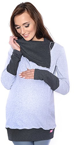 Mija - Umstandsmode / 2 in1 Stillpullover & Umstandspullover Asymmetrischen Kragen 4020A,Melange / Graphit ( 38 - M )