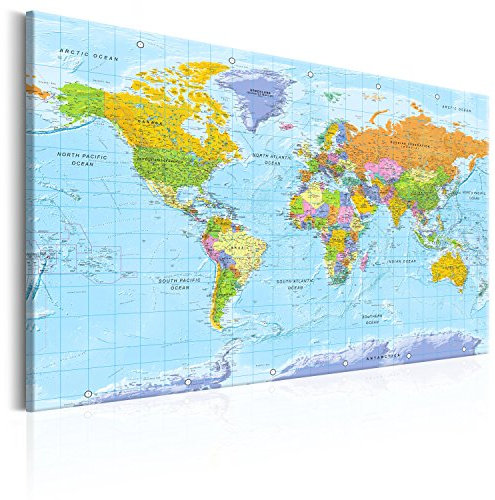 B&D XXL - Englische Weltkarte mit Pins Pinnwand & Vlies Leinwand Bild 120x80 cm XXL Bilder mit Kork Rückwand Set mit 50 Markierfähnchen-Pinnnadeln Korktafel Kunstdruck Wandbilder Lernkarte Landkarte