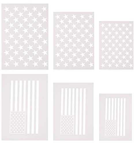 WANDIC Amerikanische Flagge Schablone, 6 Stück 50 Sterne und 2-in-1 USA-Flaggen-Schablone zum Malen auf Holz, Stoff, Papier, Airbrush, Wände, Kunst, 3 Größen