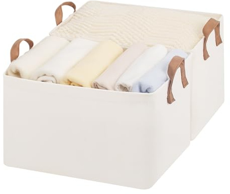 StorageWorks Fabric Storage Bins, Large Storage Baskets for Shelves, Closet Organizers and Storage Bins with Metal Frame, Handles, Natural Color, 2-Pack
