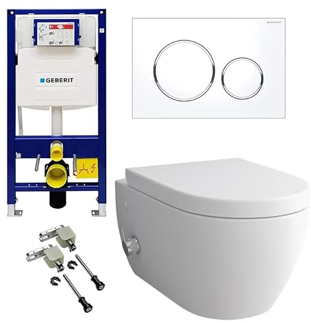 Alpenberger Dusch WC Komplettset | Wand WC Spülrandlos | Toilette mit Intimdusche und Armatur | Toilettendeckel mit Absenkautomatik | Spülkasten Vorwandelement WC Set Komplett (7150U)