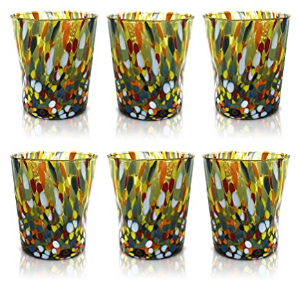 MAZZEGA ART & DESIGN - 6 Verres Tumbler en Verre Soufflé et Fait Main avec Murrine de Murano Raffinée et Originale - Les Couleurs de Murano - Modèle Tumbler 350 ml. Fabriqué en Italie