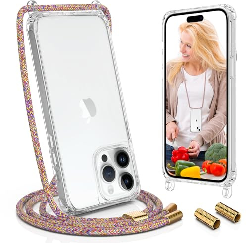 UYMO Handykette Hülle mit Band Für iPhone 14 Pro 6.1 - Necklace Transparent Handyhülle Case mit Schnur Abnehmbar,Schutzhülle zum Umhängen Kordel, Regenbogen