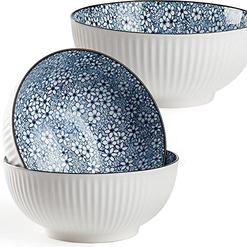 Hesen 60 oz Large Soup Bowl, Pho Bowls, Japanese Ramen Bowl Set, Big Porcelain Bowls Set of 3, 8 inches, Floral Pattern