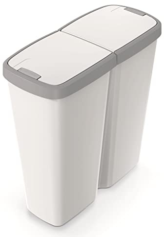 HRB DUO Bin Mülleimer 2 Fächer, idealer Mülleimer Küche mit 2x 25L Mülleimer Trennsystem praktischer Abfalleimer zur Mülltrennung (Weiß-Grau)