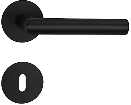 SOTECH Türdrückergarnitur THORE Buntbart (BB) Edelstahl SS304 schwarz | 130x60 mm Ø 20 mm, für Türstärken 35-52mm, Flachrosetten Höhe 3 mm, magnetische Cliptechnik) mit Befestigungsmaterial