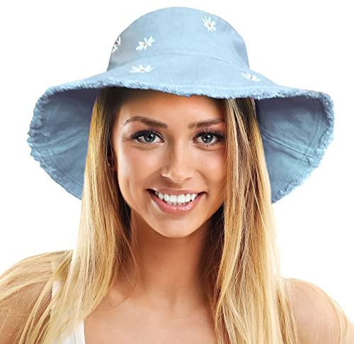 TOSKATOK Damen-Sonnenhut mit LSF 50+ Weich gewaschener Baumwolle mit gestickten G�nsebl�mchenmotiven, formbarer Krempe und ausgefransten R�ndern