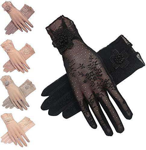 Elegant Spitzen Handschuhe mit Spitze Party Abend Mesh Handschuhe Damen Kurze Sonnenschutz Handschuhe Damenhandschuhe Netzhandschuhe Brauthandschuhe Abendhandschuhe Hochzeit (Beige, One Size)