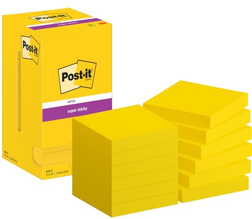 Post-it Super Sticky Notes, 1080 Sheets, Value Pack of 12 Pads, 76 mm x 76 mm - Holds Strong to Many Surfaces - Yellow - for Walls, Monitors and Fridge, Recycable