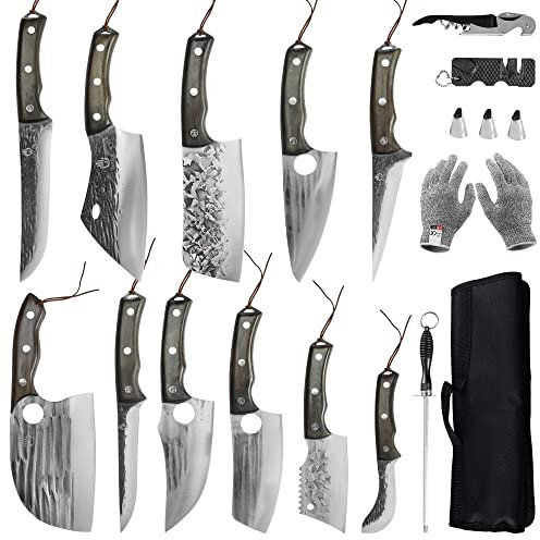 FULLHI Set di 17 coltelli da chef da macellaio include fodero in acciaio al carbonio Cleaver, coltello da cucina, tutto tang, verdure, casa, barbecue, campeggio, con tasca per coltelli