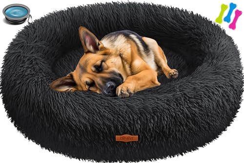 Lovpet® Hundebett Hundekissen Katzenbett Bagel, Waschbar, Inkl. Napf + 3X Kauknochen, Hundesofa flauschig Kissen Rund aus Plüsch für Kleine, Mittelgroße & Große Hunde, Katzen [3XL, Ø 100cm Schwarz]
