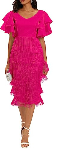 VERWIN Women's Fringe Maxi Dress High Waist V Neck Tiered Tassels Dress Ruffles Sleeve Bodycon Prom Dress M Rose