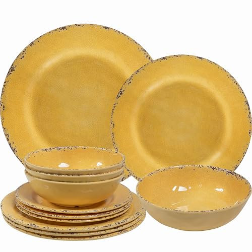 ZAROCRUS 12-Piece Rustic Melamine Dinnerware Set With Dinner Plate, Salad Plate And Large Capacity All Purpose Bowls,Service for 4, Indoor And Outdoor Use, Yellow