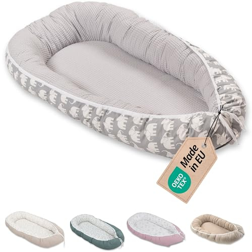ULLENBOOM Babynest - 100% OEKO-TEX Materialien & Made in EU, Graue Elefanten - Babynestchen Neugeborene aus kuscheliger Baumwolle, Ideal als Reisebett & Kuschelnest geeignet