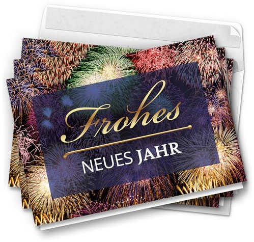 10 Neujahrskarten Grußkarten 2025 Neujahr Silvester - Klappkarten mit Umschlägen - Neujahrsgrüße Foto Buntes Feuerwerk