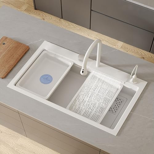 Juego De Fregadero Cocina Cascada Blanco, Nano Fregadero De Acero Inoxidable 304, Fregadero Cocina 1 Seno Bajo Encimera, Encimera Cocina Con Accesorios, Fregaderos De Cocina Con Con Escurridor ( Size