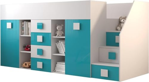 MEBLE KRYSPOL Toledo 3 Hochbett für Kinder, Jugendliche mit Stauraum - Etagenbett mit Schreibtisch, Kleiderschrank, Regal, Schubladen, Treppe - 248,5x93x123 cm - Weiß, Türkis, Weiß + Türkis