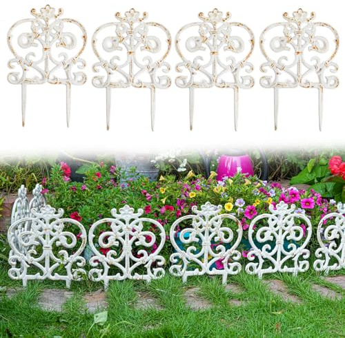 Sungmor Decorative Cast Iron Garden Edging, 4 Pack Rustic White Victorian Garden Edging Landscape Border, Vintage Metal Yard Stake Low Picket Fence, 11.8 Tall Outdoor Flower Bed Lawn Fence Panels