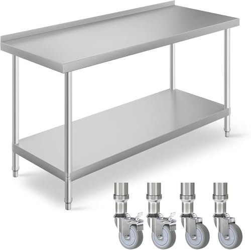 FIDOOVIVIA Stainless Steel Commercial Prep Table, 120 x 60 x 80cm Modern Worktop with 3.5cm Backsplash, Heavy Duty Kitchen Food Prep Table with 4 Wheels & Bottom Shelf, Silver