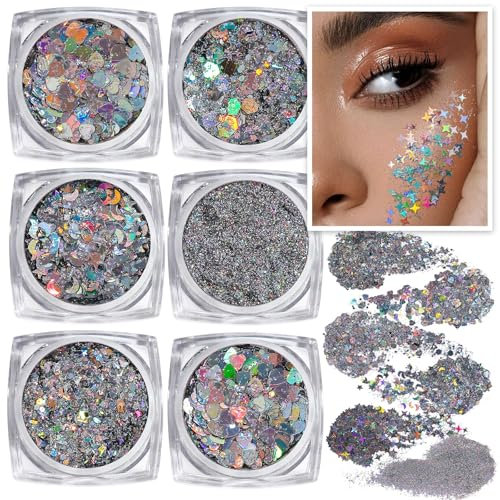 Festival Glitzer Gesicht, 6 Stück Body Glitter Gel Chunky Sequin Face Body Glitter Festival Zubehör Accessoires Gadget, Haar Glitzer Festival Gesichtsglitzer Halloween Schminke Karneval Körperglitzer