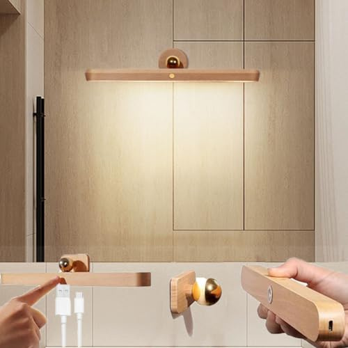 LOGT LED Holz Spiegelleuchte mit Schalter 4000K Akku Wandlampe Kabellos Bilderleuchte Batteriebetrieben Touch Spiegellampe Dimmbar Magnetische Badezimmer Lampe 360° Drehbare für Schrank Nachttisch