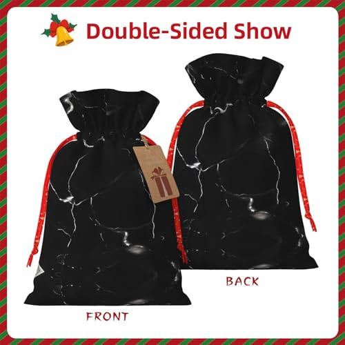 HJLUUFT Schwarze Jute-Tasche mit Marmor-Druck, Weihnachtsgeschenktasche mit Kordelzug und Geschenkanhänger, für Hochzeit, Weihnachten, Party