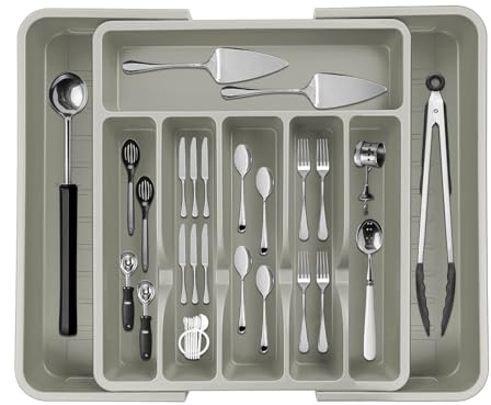 Generisch Besteckkasten für Schubladen, Verstellbarer Besteckeinsatz (33-59 cm) mit 8 Fächern, Rutschfeste & BPA-frei Küchen Organizer, Hochwertiger Schubladenaufbewahrung aus PP-Kunststoff, Grau