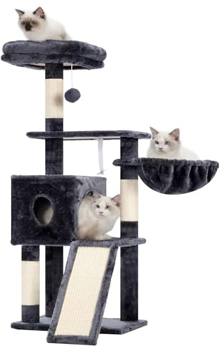 Hey-brother Kratzbaum, mehrstöckiger Katzenkratzbaum für Kätzchen, MPJ007SG | 108cm Indoor Katzenbaum, mit Kratzsäulen, Rampe, Körbchen, geräumigem Katzenloch und hängendem Pompon-Spielzeug, Rauchgrau