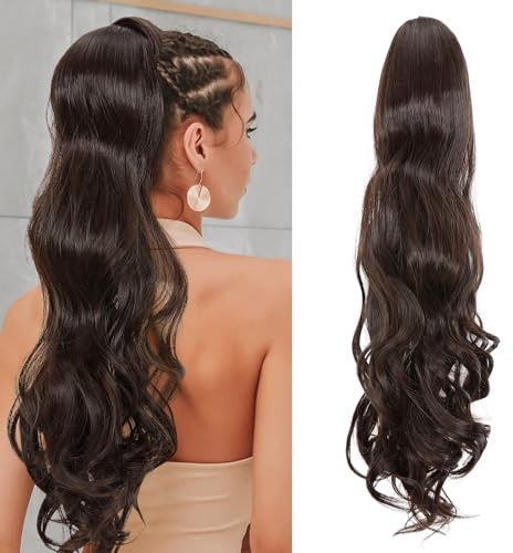 Benehair Pferdeschwanz Extensions mit Kordelzug 60cm Lang Gewellt Zopf Pferdeschwanz Haarverlängerung Synthetik Pferdeschwanz Haarteil Ponytail Extension für Damen(Natürliches Mittelbraun, 160g)
