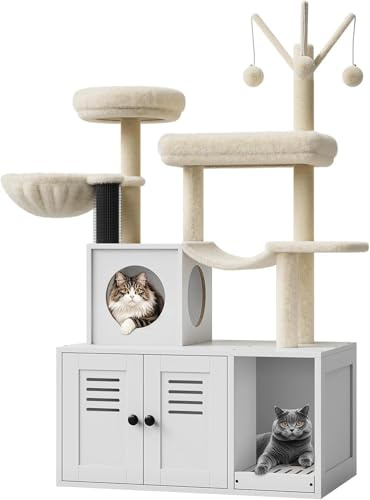 Katzenbaum Mit Katzenklo Schrank, 146 cm Hoch, Katzenhaus Aus Holz Mit Kratzbaum, HäNgeball, KatzenrüCken Und Oberer Sitzstange, All-In-One (Weiß)
