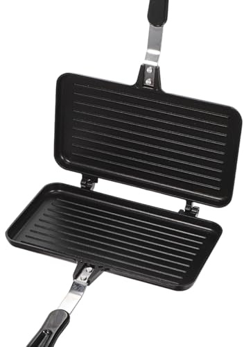 Healvian Poêle à sandwich double face, 61 x 35,5 cm, avec revêtement anti-adhésif, avec poignée ergonomique, pour cuisinière à gaz, camping et petit-déjeuner, préparation de sandwichs, œufs et steaks