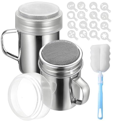 Icing Sugar Shaker, 4 Pcs Stainless Steel Chocolate Dusting Powder with Fine Mesh Sieve for Coffee Station Accessories, Flour Shaker with Coffee Stencils & Brush for Cocoa Flour Latte