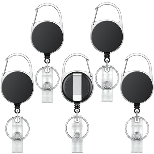 Uniclife 5 Pcs Carrete Retráctil para Porta Insignias Llavero Retráctil Resistente Carcasa de ABS Resistente con Bobina de Resorte de Acero Inoxidable Cuerda de Nylon Mosquetón Clip y Llavero