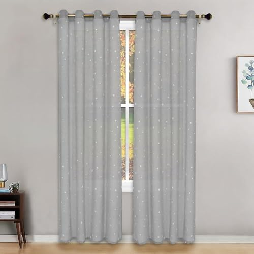 Odot 2 Piezas Cortinas Visillos con Estrellas Que Brillan en la Oscuridad, Cortinas Visillos Salon Dormitorio con Ojales, Livianas y Transpirables para Habitacion Infantil (Gris,132x183cm)