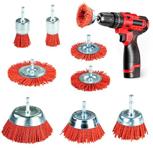 Nylonbürste Bohrmaschine 8 Stück, Nylonbürte mit 1/4 Zoll Sechskantschaft, 8 Größen Nylon-Filament-Schleifdrahtbürsten zum Entfernen von Rostkorrosionsfarbe Topfbürsten Schleifdraht, Schleifbürstenset