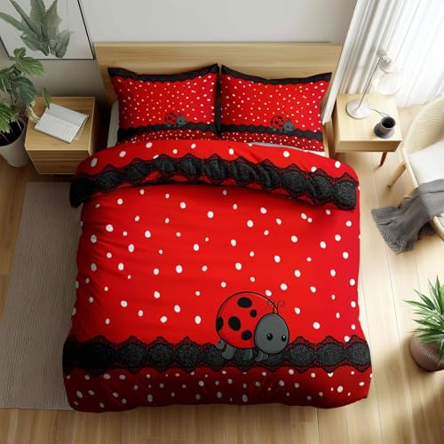 Générique Parure de Lit Bordure en Dentelle De Dessin Animé Coccinelle 90 x 200 cm Housse de Couette en Microfibre, Ensemble de Literie pour Filles Garçon Ado, Rouge Imprimé Housse de Couette