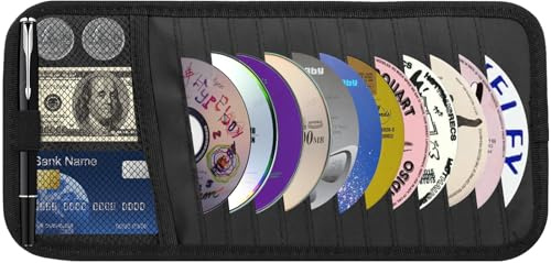 CD Visor Holder for Car, Large Capacity CD & DVD Visor Case | Vehicle Visor Storage Organizer with 12 Disc Sleeves, 1 Mesh Pocket 1 Pen Holder and & Elastic Band (Black)