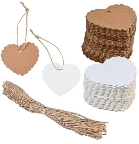Confezione da 200 etichette regalo a forma di cuore in carta kraft, con 200 spago di canapa, etichette marroni e bianche per bomboniere, segnaposto fatte a mano, per San Valentino, matrimoni rustici