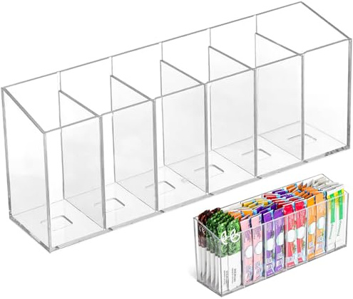 Drink Packet Organizer with Removable Dividers – 6 Compartment Clear Storage Box for Drink Mix Packets, Water Flavor Packets, Tea Bags, and Kitchen Organization