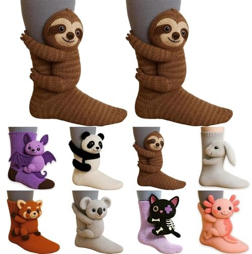 3D djur stickade strumpor kvinnor söt kanin panda sengångare strumpor kramar vinter varm luddig hand virkad fleece strumpa roliga nya gåvor för familjen, Brun, one size