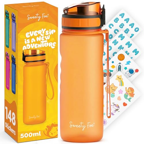 SweetyFox - Läckagesäker vattenflaska för barn, 500ml sportflaska, 100% läckagesäker - Lämplig för kolsyrade drycker, med fruktinfuser - Orange
