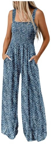 Keepink Women Jumpsuit Elegant Ladies Dungarees Smocked Baggy Wide Leg Rompers Floral Bohemian Pants Sleeveless Strappy Overall with Pocket Loose Casual Playsuit for Summer Holiday Beach
