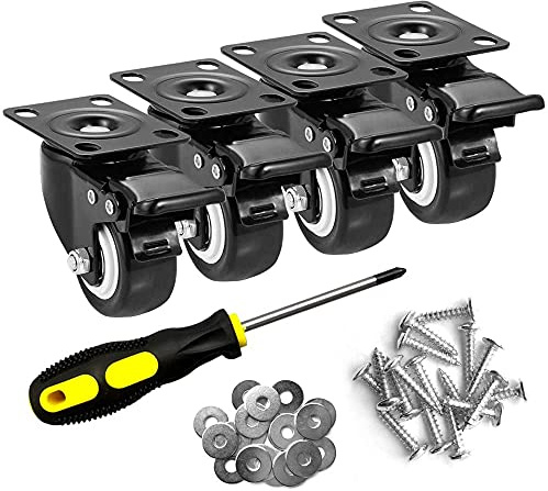 HAUSEE 4 Lenkrollen mit Bremse 50mm Schwenkrollen für Möbel Transportrollen mit Schraubendreher, Schraube, Unterlegscheibe Möbelrollen Schwerlastrollen für Palettenmöbel Tragkraft 200kg Schwarz