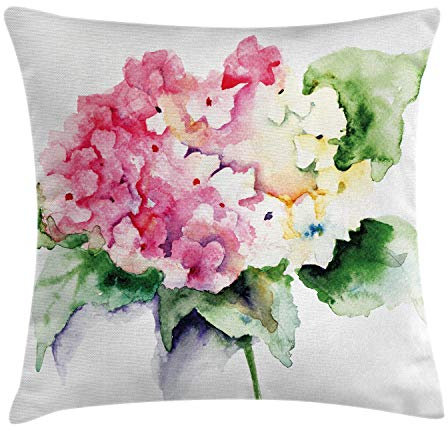 ABAKUHAUS Blumen Kissenbezug, Hortensie Blumenstrauß, Waschbar mit Reißverschluss Kissenhülle mit Farbfesten Klaren Farben Beidseitiger Druck, 50 x 50 cm, Gelb Rosa