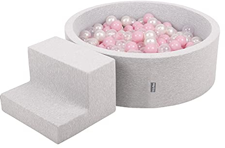 KiddyMoon Skumlekplats för barn med runt bollhav (100 bollar). Hinderbana, ljusgrå: puderrosa/pärlfärgad/transparent