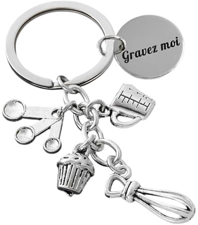 Porte-clés Thème Pâtisserie Robot Fouet Verre Doseur Gâteau Argenté Gravure Personnalisée sur Médaille
