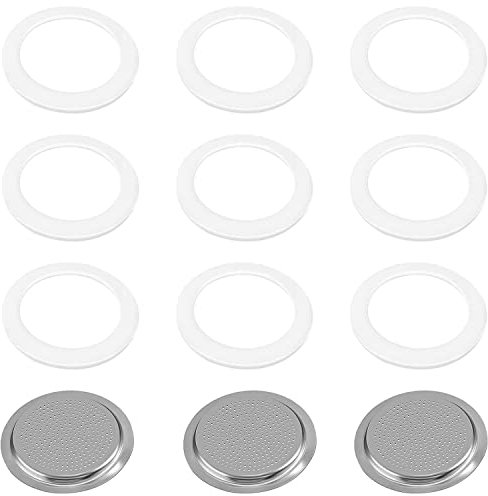 UGBO O-Ringe Dichtungsringe Silikonring Dichtungsring Kaffeebecher Dichtung Espressokocher Abwaschbare 9 Ersatz Dichtring und 3 Aluminium Filter für kaffeemaschinen 6 Tassen Töpfe (74 mm)